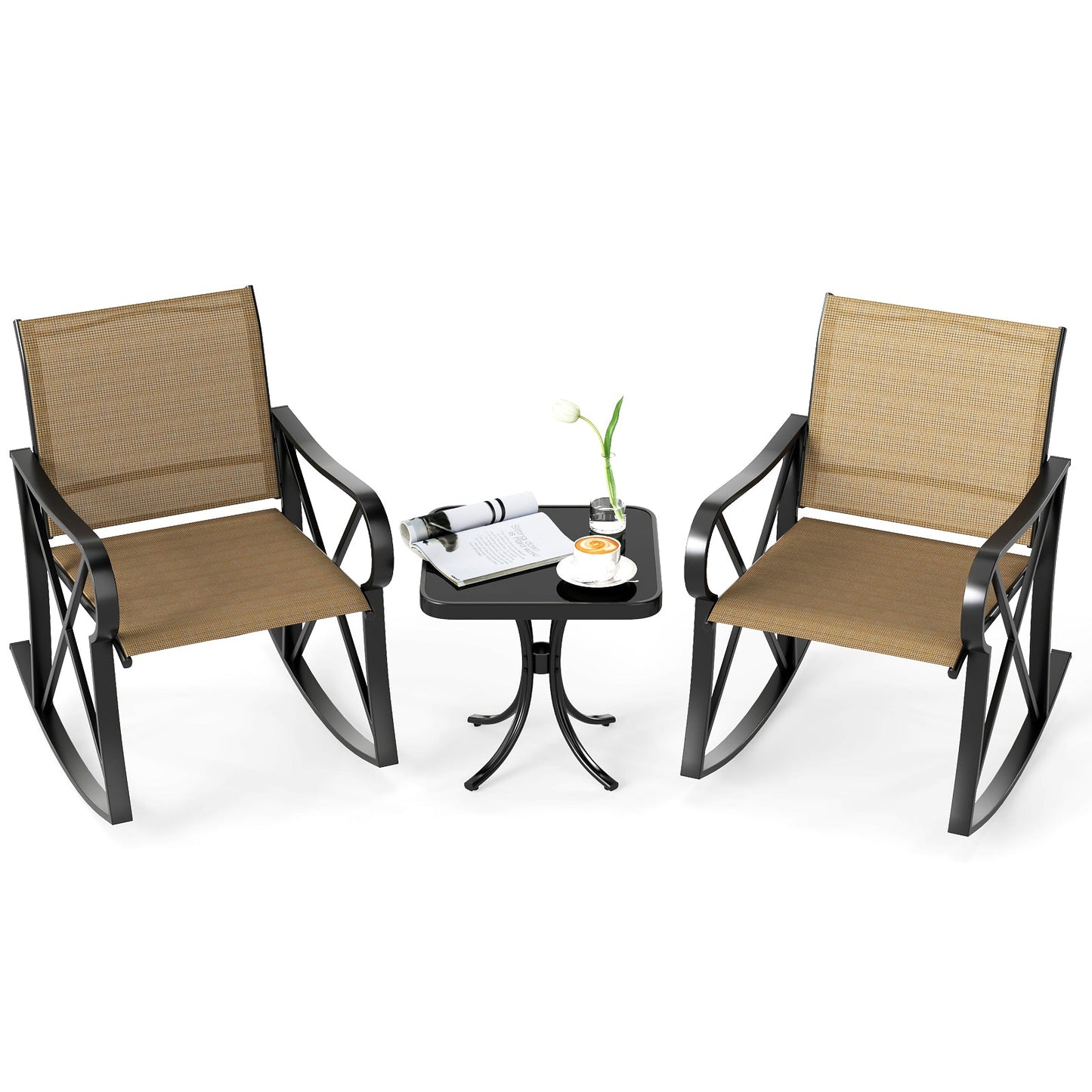 3 Piece Patio Rocking Set with Smooth Rocking Motion Outdoor Rocker Chair Bistro Set -Brown