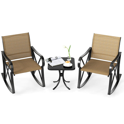 3 Piece Patio Rocking Set with Smooth Rocking Motion Outdoor Rocker Chair Bistro Set -Brown