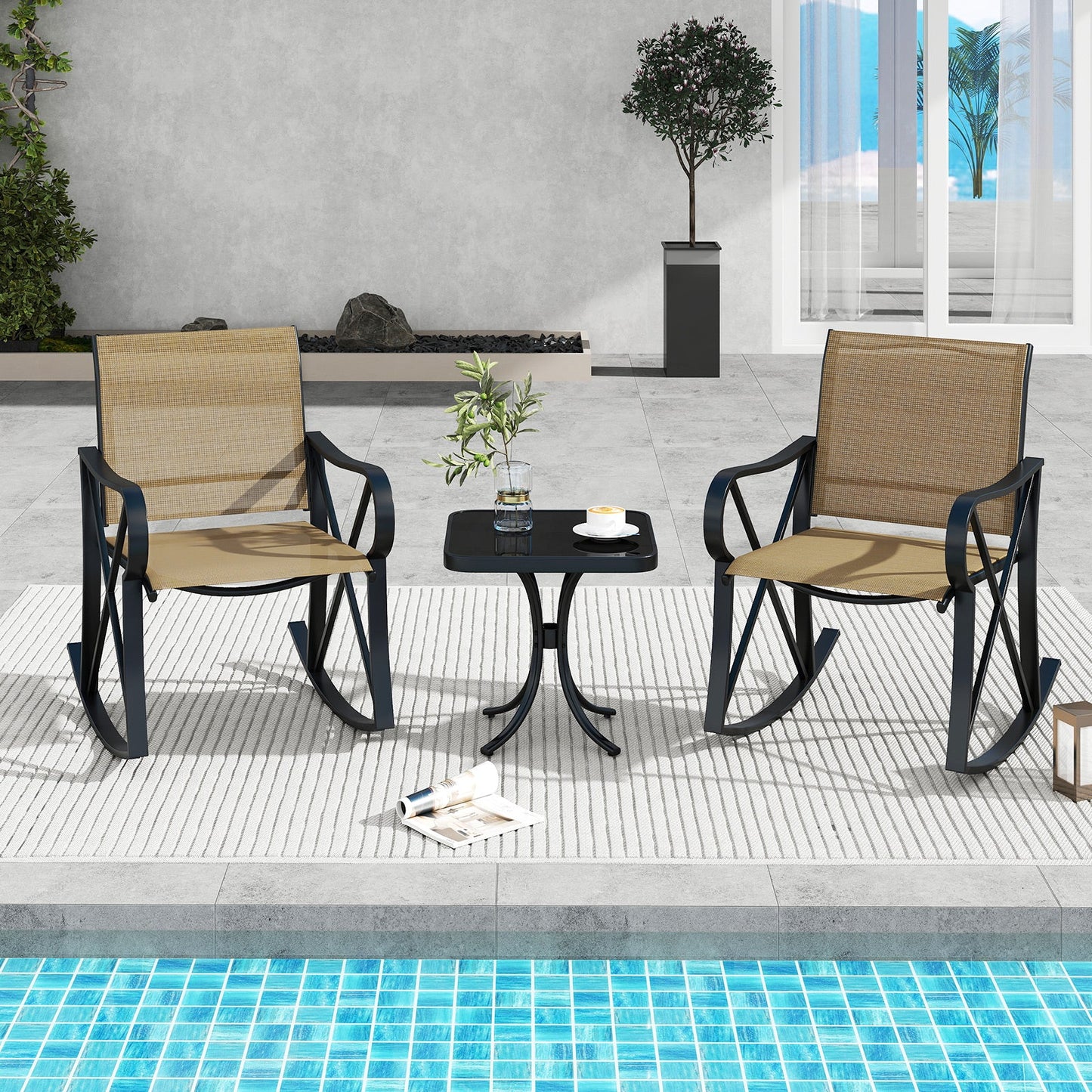 3 Piece Patio Rocking Set with Smooth Rocking Motion Outdoor Rocker Chair Bistro Set -Brown