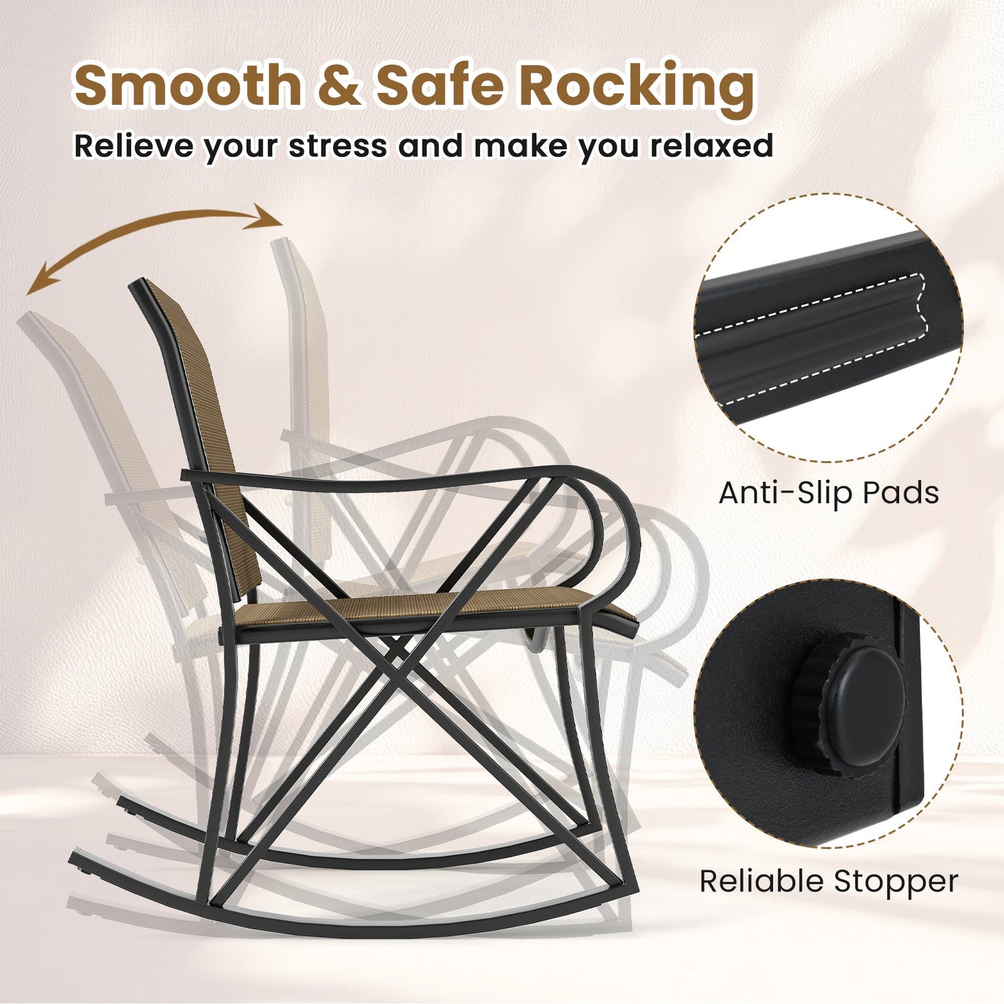 3 Piece Patio Rocking Set with Smooth Rocking Motion Outdoor Rocker Chair Bistro Set -Brown
