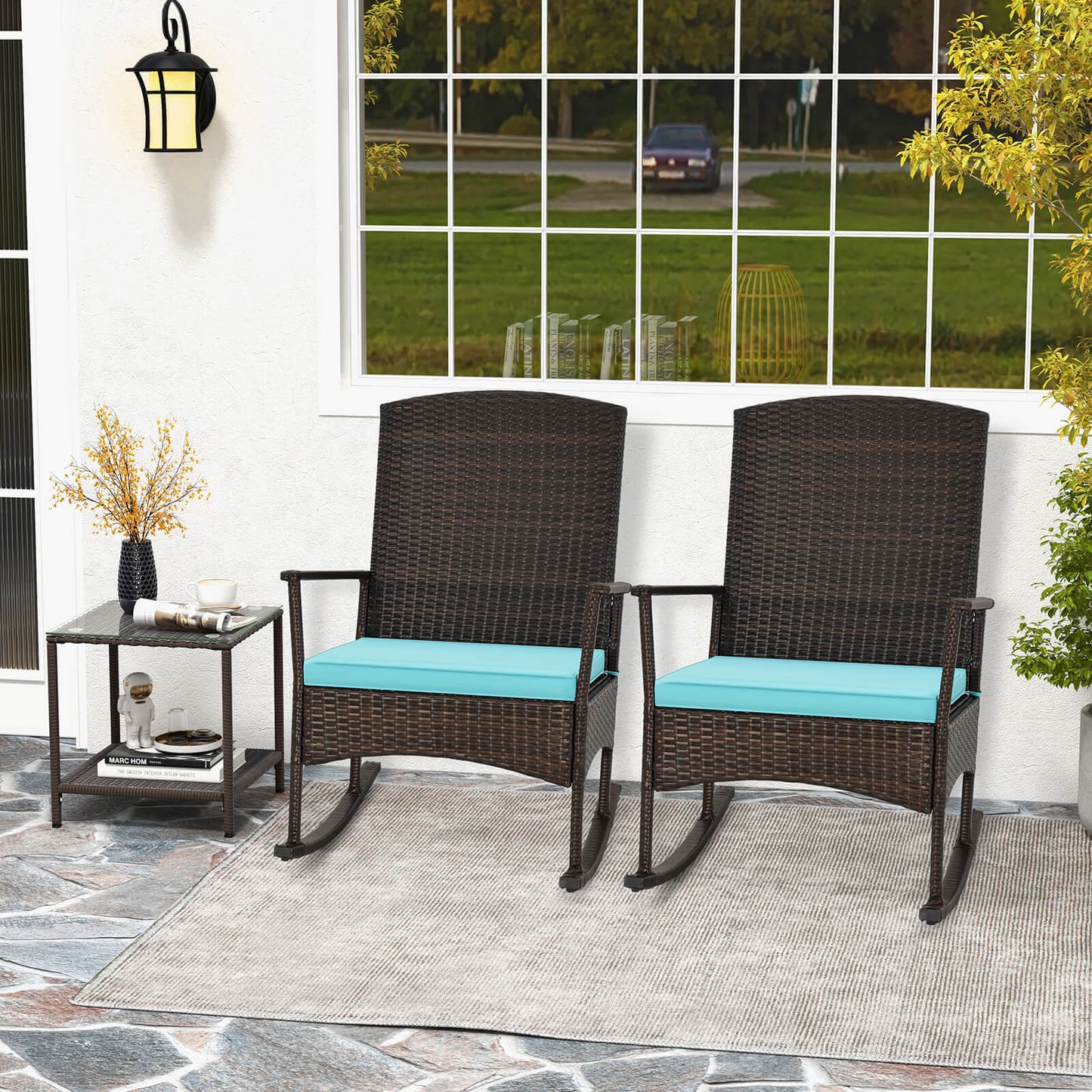 Juego de mecedoras para patio de 3 piezas con sillas mecedoras de mimbre y mesa de centro de 2 niveles - Turquesa