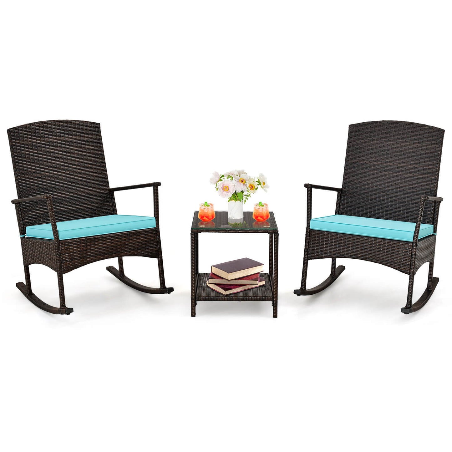 Juego de mecedoras para patio de 3 piezas con sillas mecedoras de mimbre y mesa de centro de 2 niveles - Turquesa