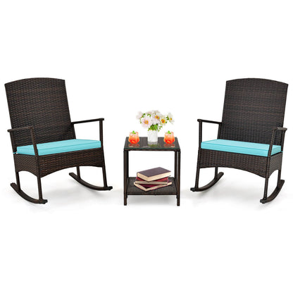 Juego de mecedoras para patio de 3 piezas con sillas mecedoras de mimbre y mesa de centro de 2 niveles - Turquesa