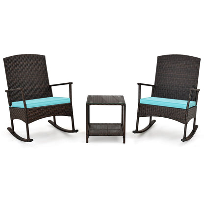 Juego de mecedoras para patio de 3 piezas con sillas mecedoras de mimbre y mesa de centro de 2 niveles - Turquesa