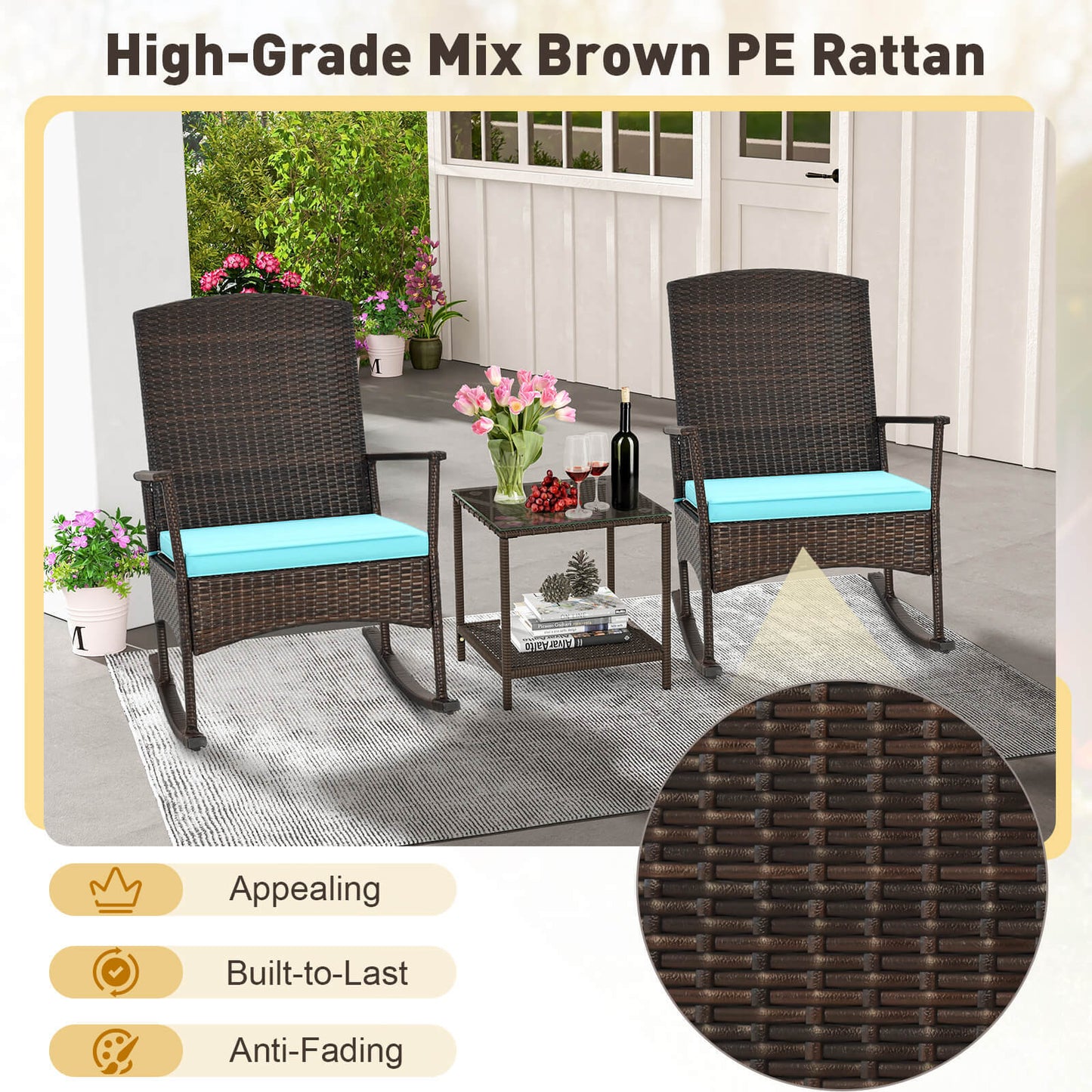 Juego de mecedoras para patio de 3 piezas con sillas mecedoras de mimbre y mesa de centro de 2 niveles - Turquesa