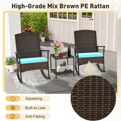 Juego de mecedoras para patio de 3 piezas con sillas mecedoras de mimbre y mesa de centro de 2 niveles - Turquesa