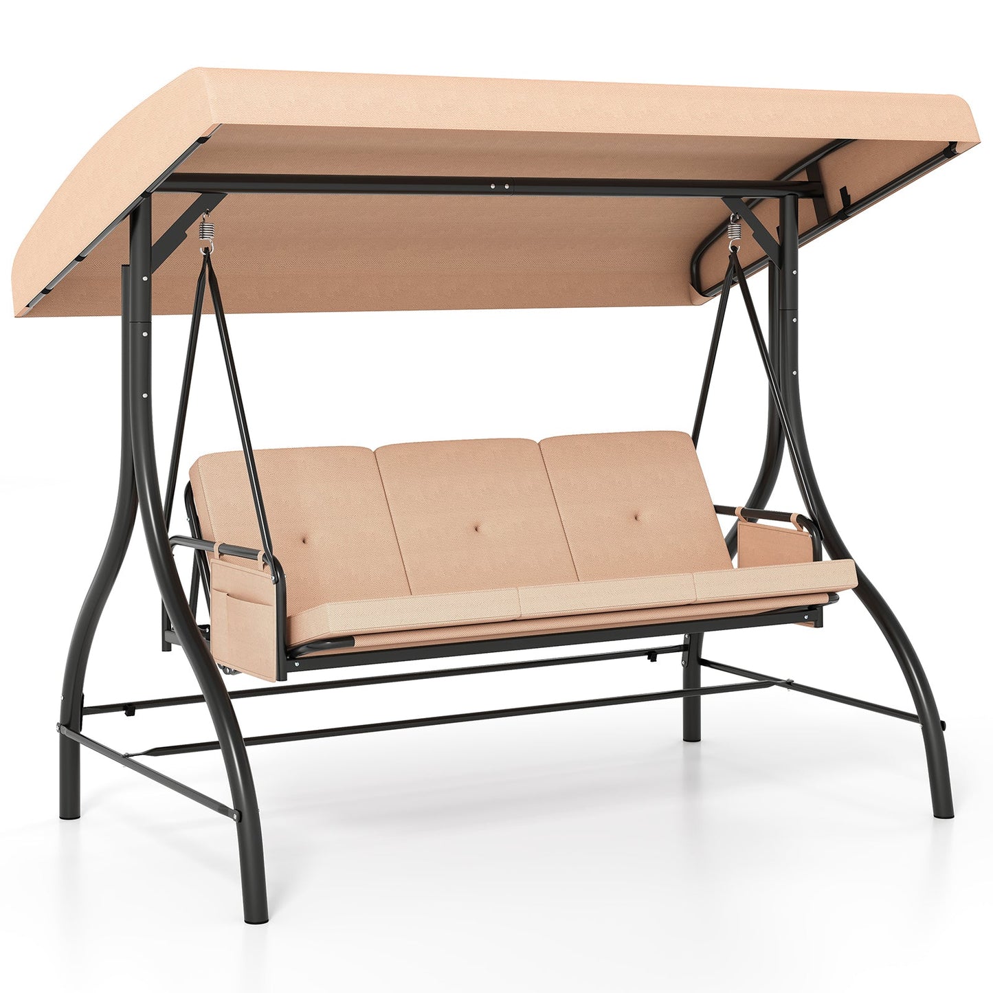 3-Piece Patio Swing with Canopy Removable Cushions and Side Pockets-Brown