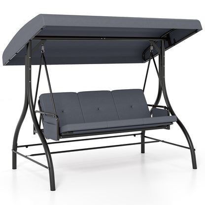3-Piece Patio Swing with Canopy Removable Cushions and Side Pockets-Brown