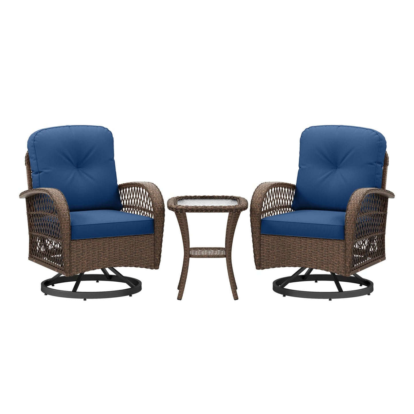 3 Piece Patio Swivel Rocker Set with Tempered Glass Side Table and Thick Cushions