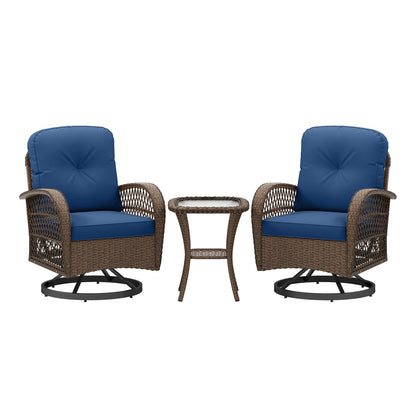 3 Piece Patio Swivel Rocker Set with Tempered Glass Side Table and Thick Cushions