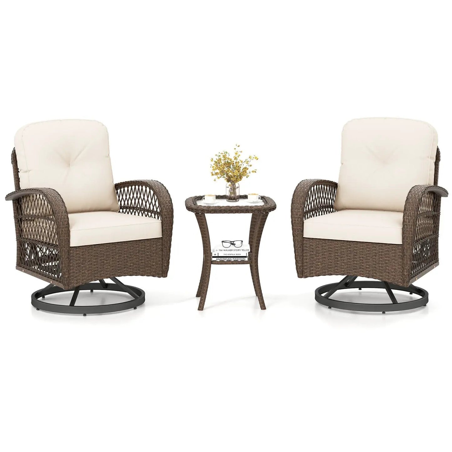 3-Piece Patio Swivel Rocker Set with Glass Table