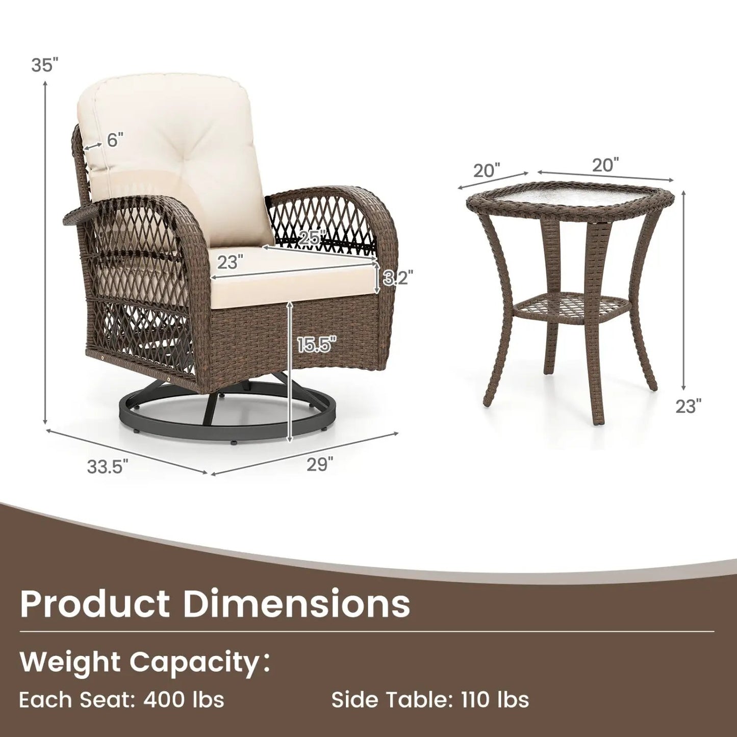 3-Piece Patio Swivel Rocker Set with Glass Table