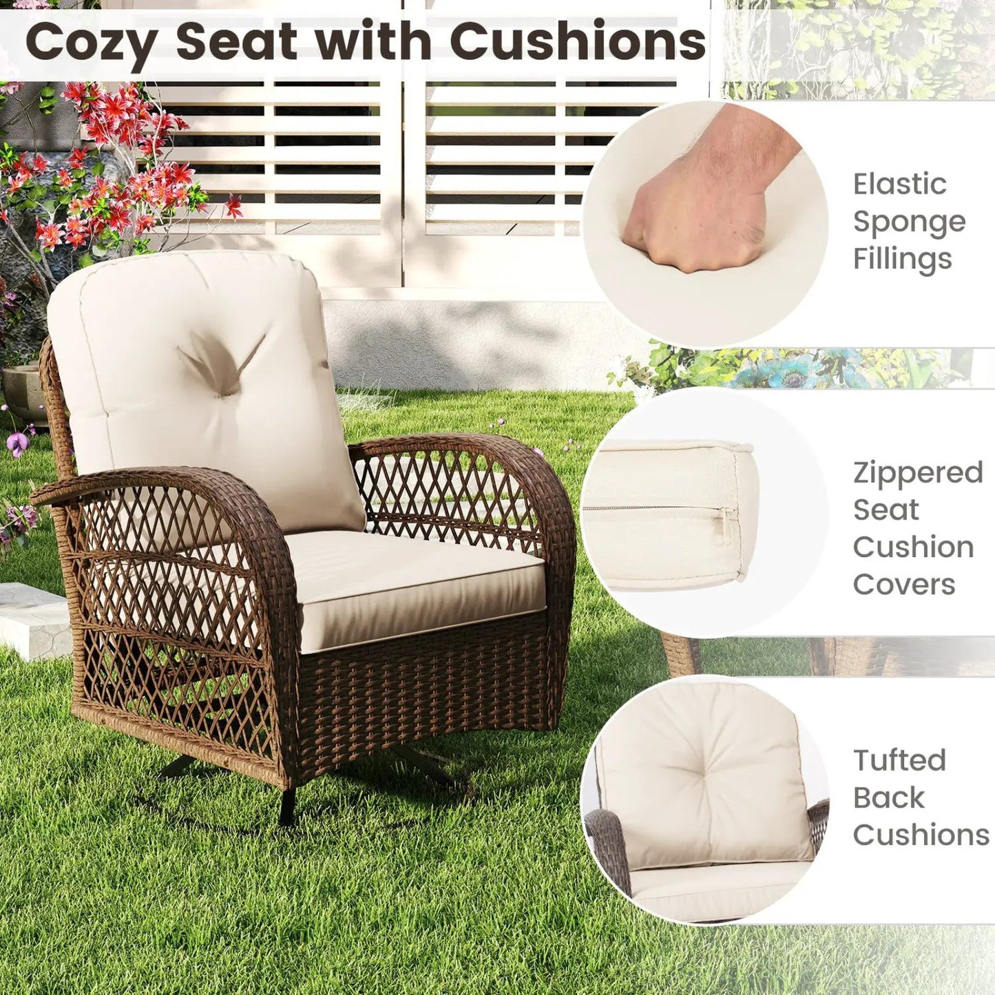 3-Piece Patio Swivel Rocker Set with Glass Table