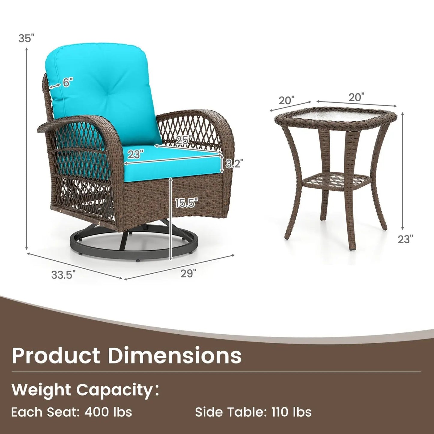 3-Piece Patio Swivel Rocker Set with Glass Table
