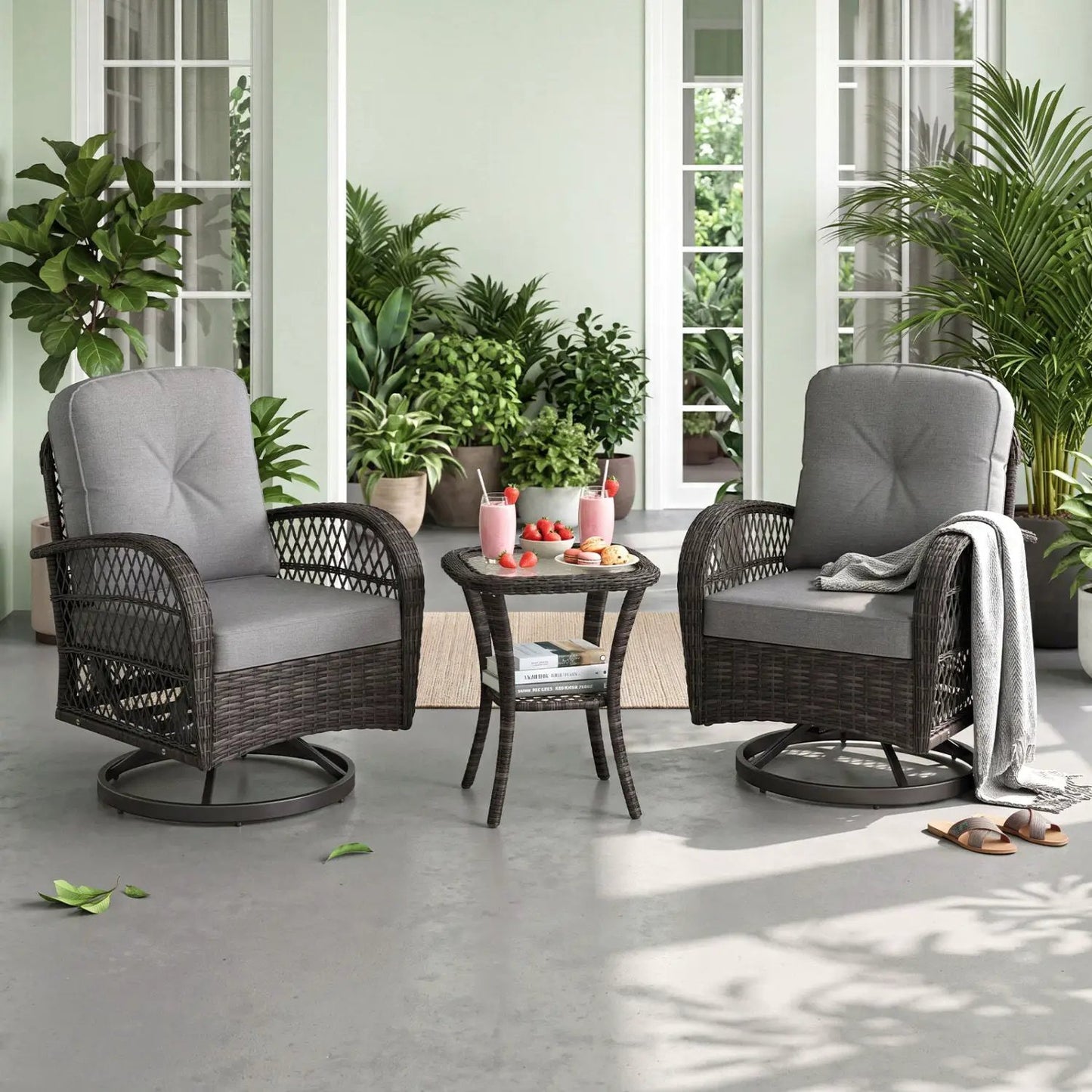 3 Piece Patio Swivel Rocker Set with Glass Table
