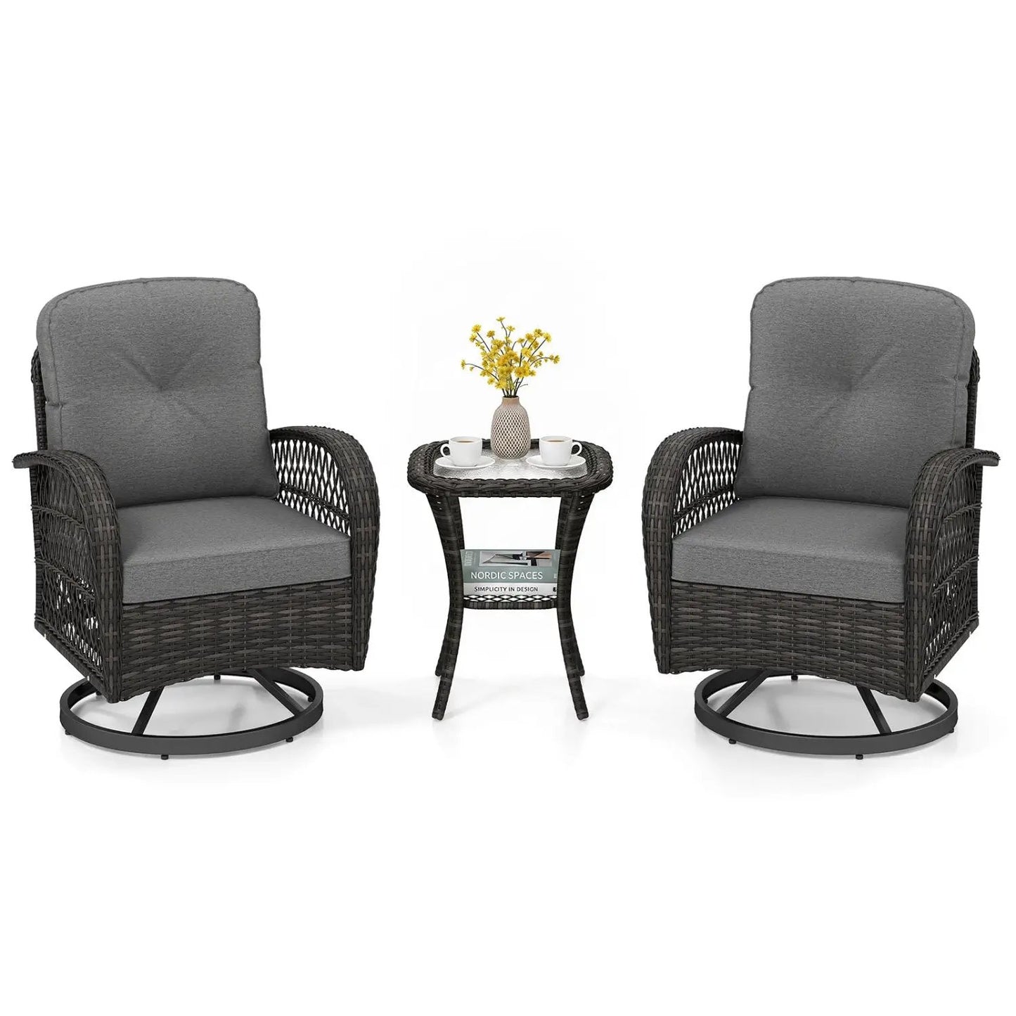 3 Piece Patio Swivel Rocker Set with Glass Table