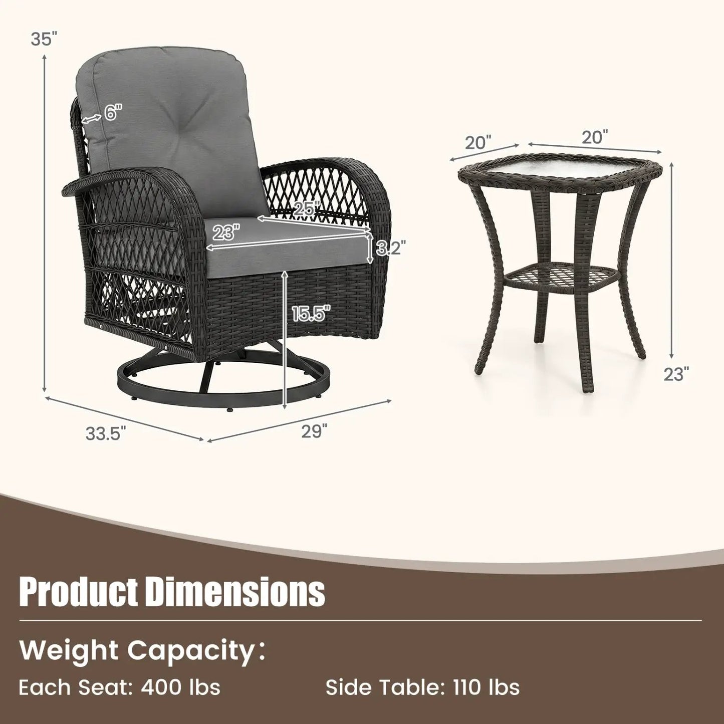 3 Piece Patio Swivel Rocker Set with Glass Table