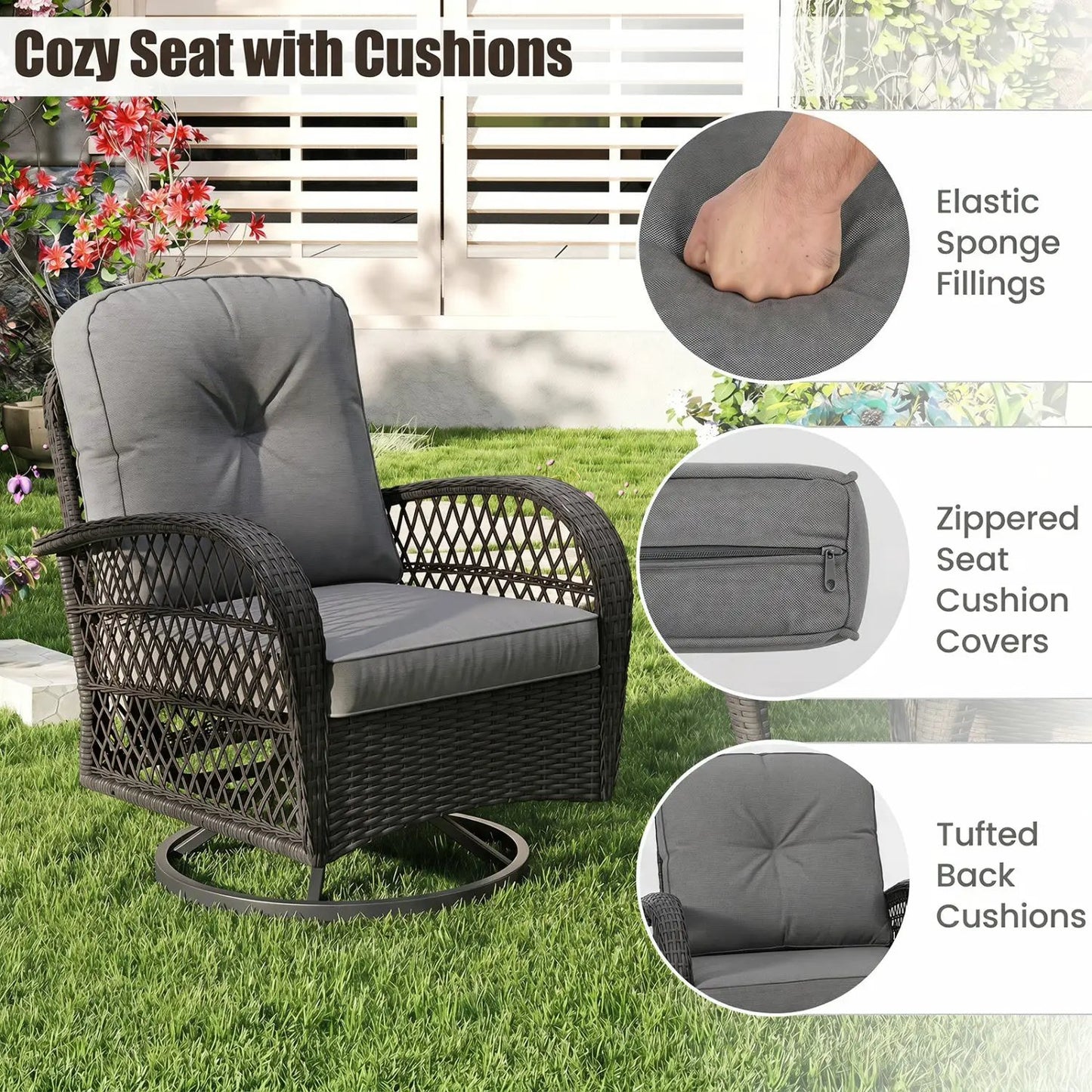 3 Piece Patio Swivel Rocker Set with Glass Table