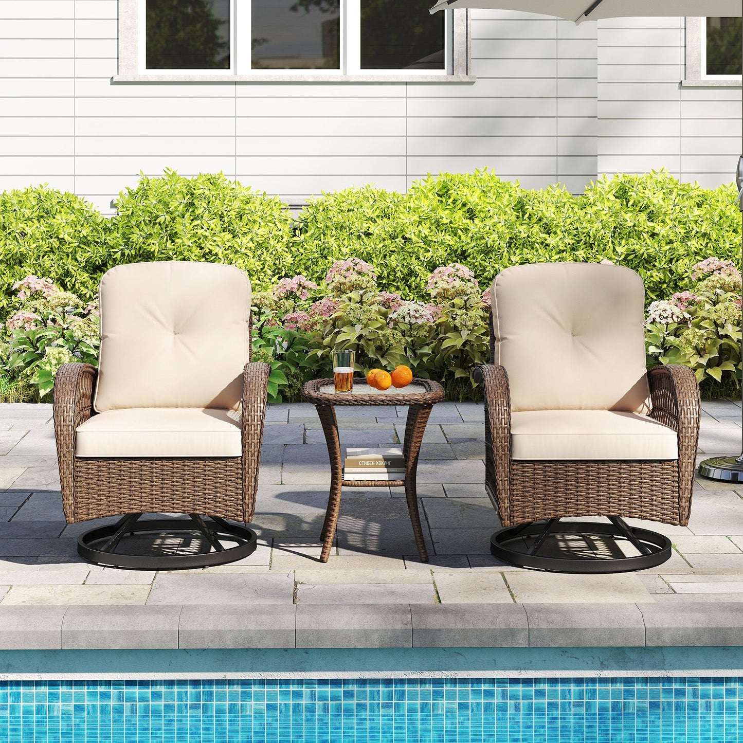 3 Piece Patio Swivel Rocker Set with Tempered Glass Side Table and Thick Cushions