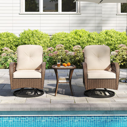 3 Piece Patio Swivel Rocker Set with Tempered Glass Side Table and Thick Cushions