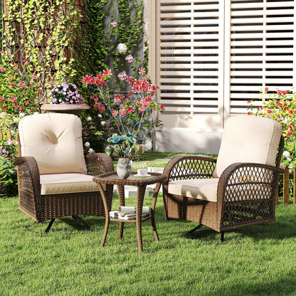3 Piece Patio Swivel Rocker Set with Tempered Glass Side Table and Thick Cushions