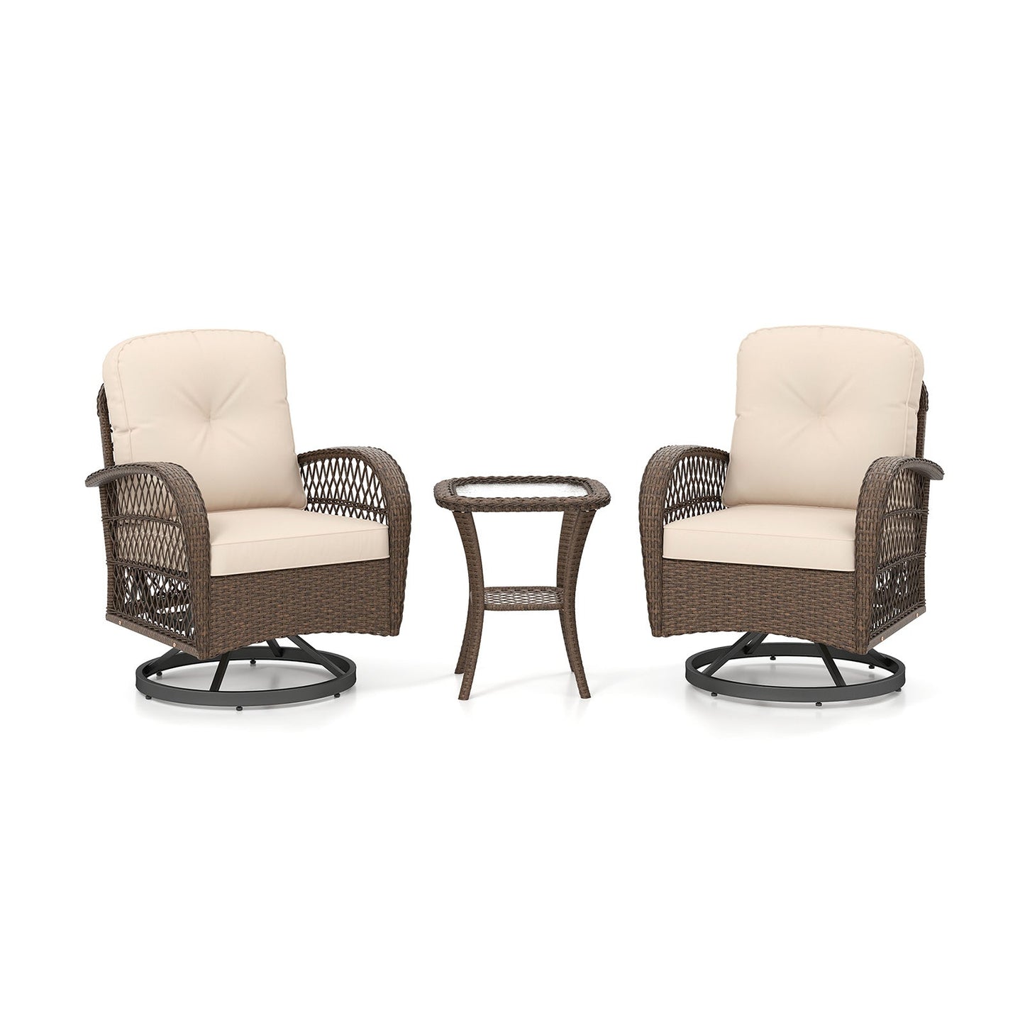 3 Piece Patio Swivel Rocker Set with Tempered Glass Side Table and Thick Cushions