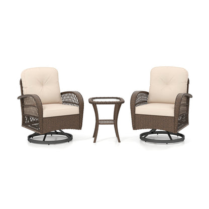 3 Piece Patio Swivel Rocker Set with Tempered Glass Side Table and Thick Cushions
