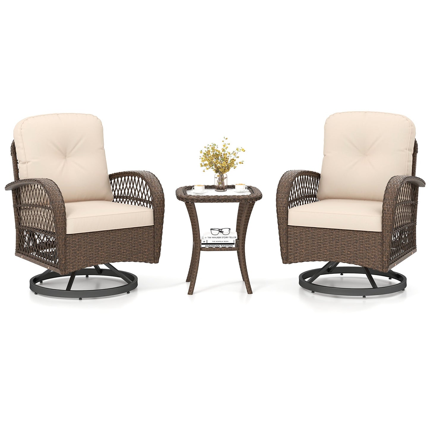 3 Piece Patio Swivel Rocker Set with Tempered Glass Side Table and Thick Cushions