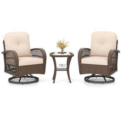 3 Piece Patio Swivel Rocker Set with Tempered Glass Side Table and Thick Cushions
