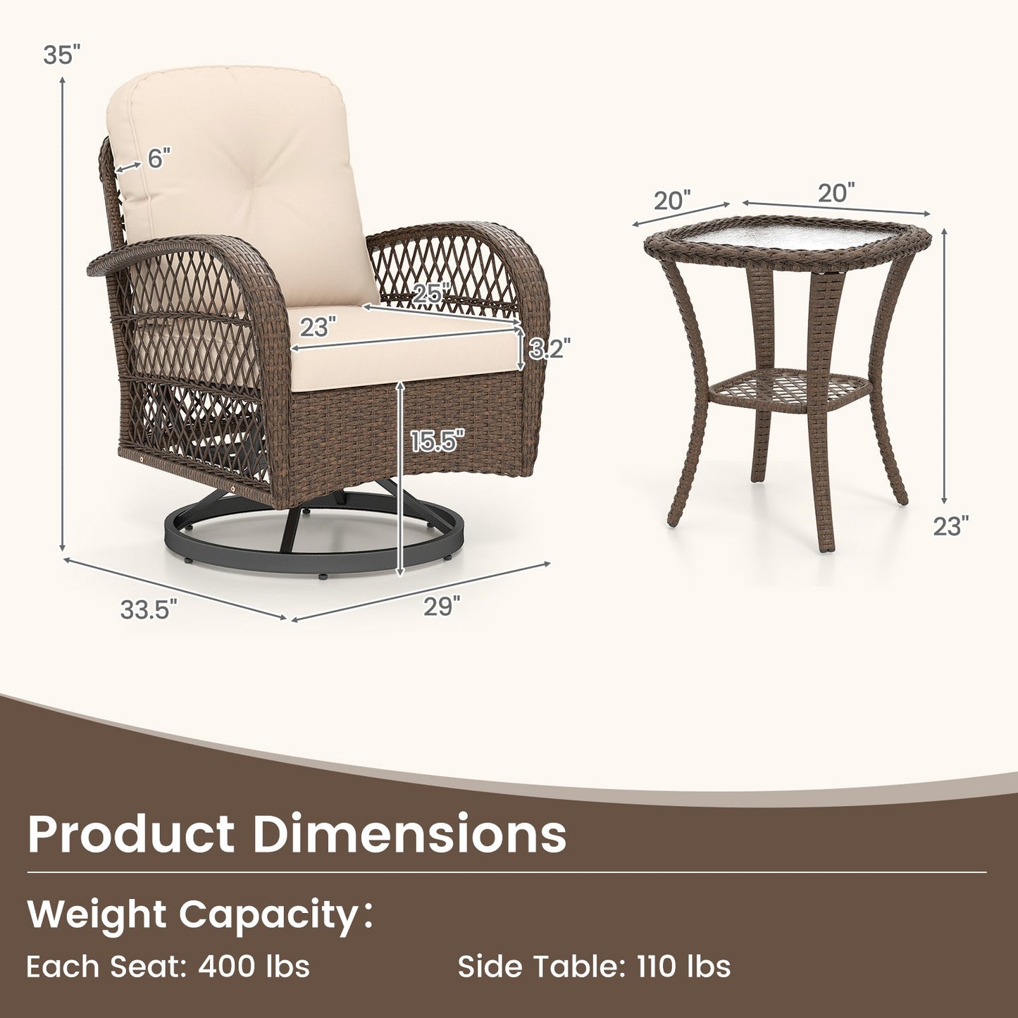 3 Piece Patio Swivel Rocker Set with Tempered Glass Side Table and Thick Cushions