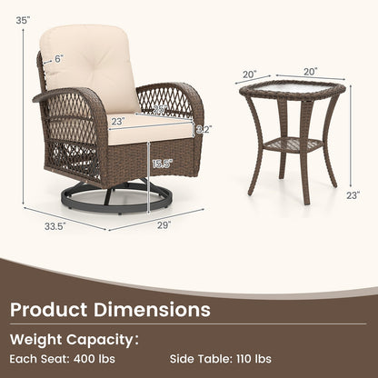 3 Piece Patio Swivel Rocker Set with Tempered Glass Side Table and Thick Cushions