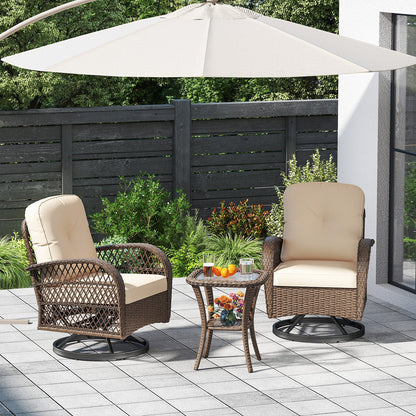 3 Piece Patio Swivel Rocker Set with Tempered Glass Side Table and Thick Cushions