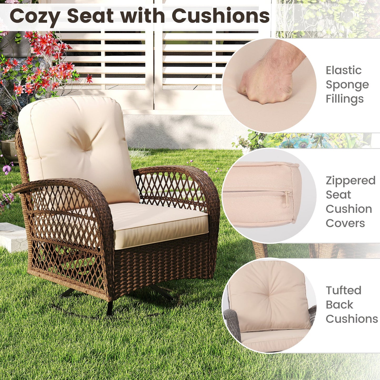 3 Piece Patio Swivel Rocker Set with Tempered Glass Side Table and Thick Cushions