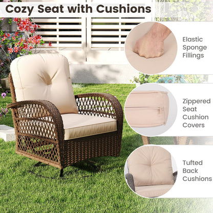 3 Piece Patio Swivel Rocker Set with Tempered Glass Side Table and Thick Cushions
