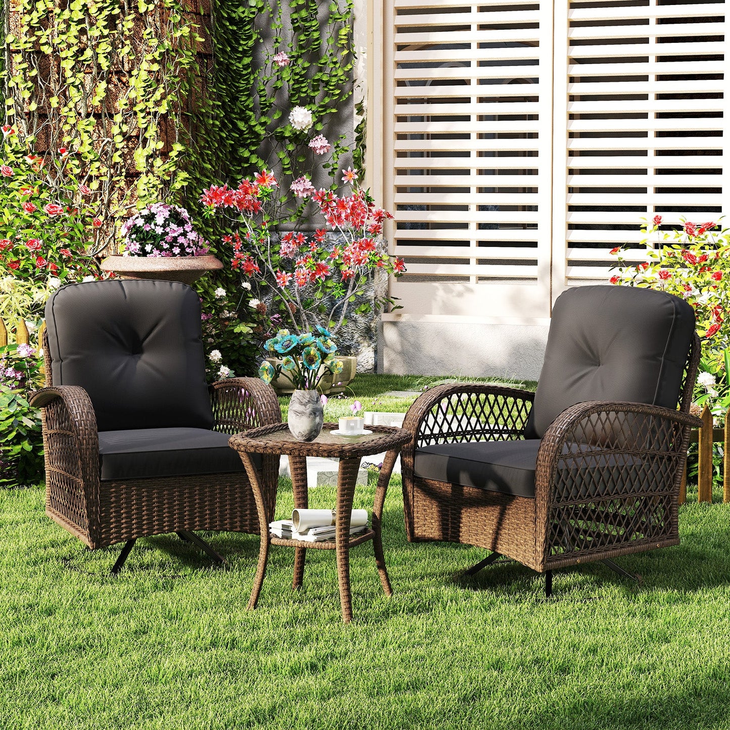3 Piece Patio Swivel Rocker Set with Tempered Glass Side Table and Thick Cushions