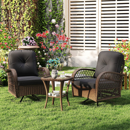 3 Piece Patio Swivel Rocker Set with Tempered Glass Side Table and Thick Cushions