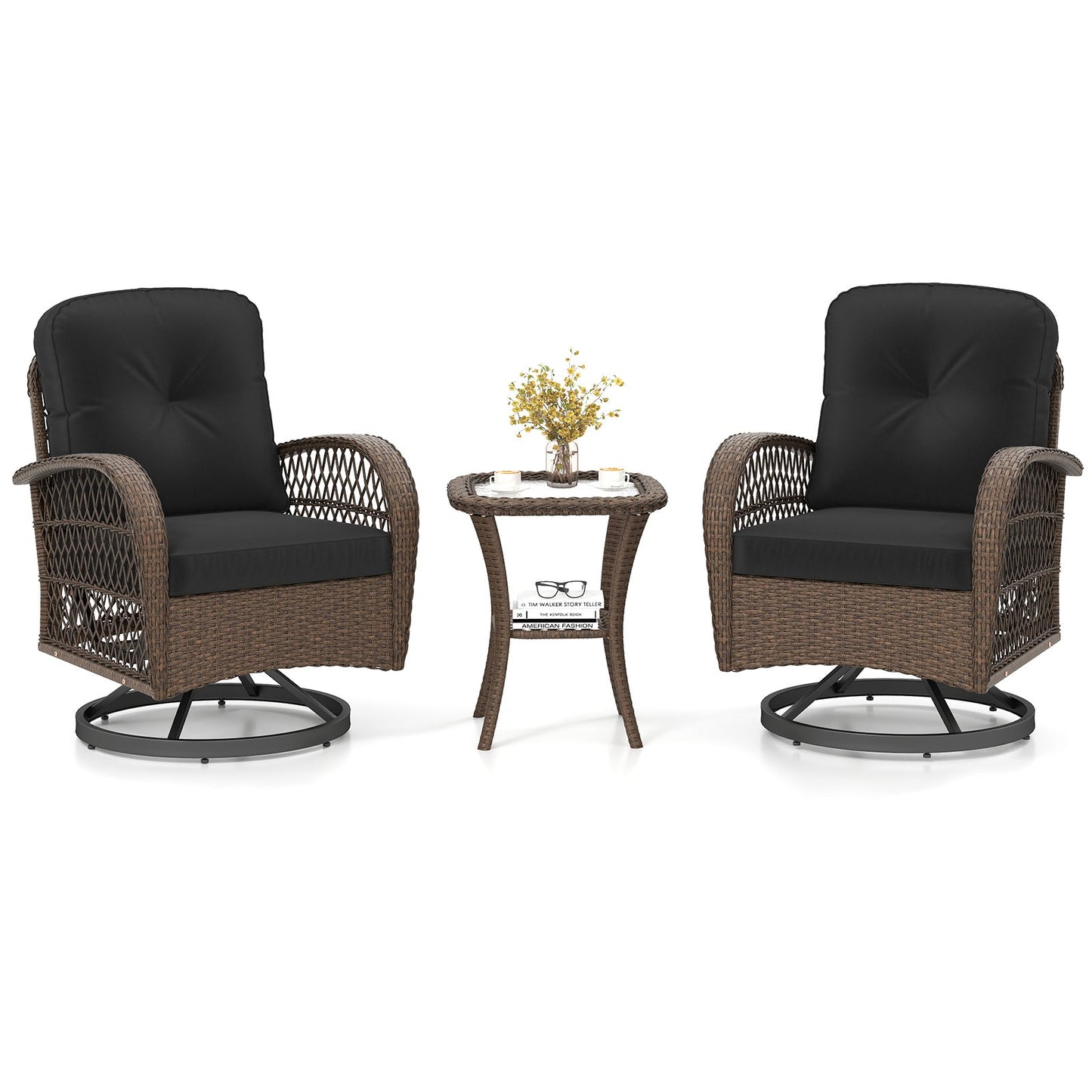 3 Piece Patio Swivel Rocker Set with Tempered Glass Side Table and Thick Cushions