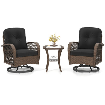 3 Piece Patio Swivel Rocker Set with Tempered Glass Side Table and Thick Cushions
