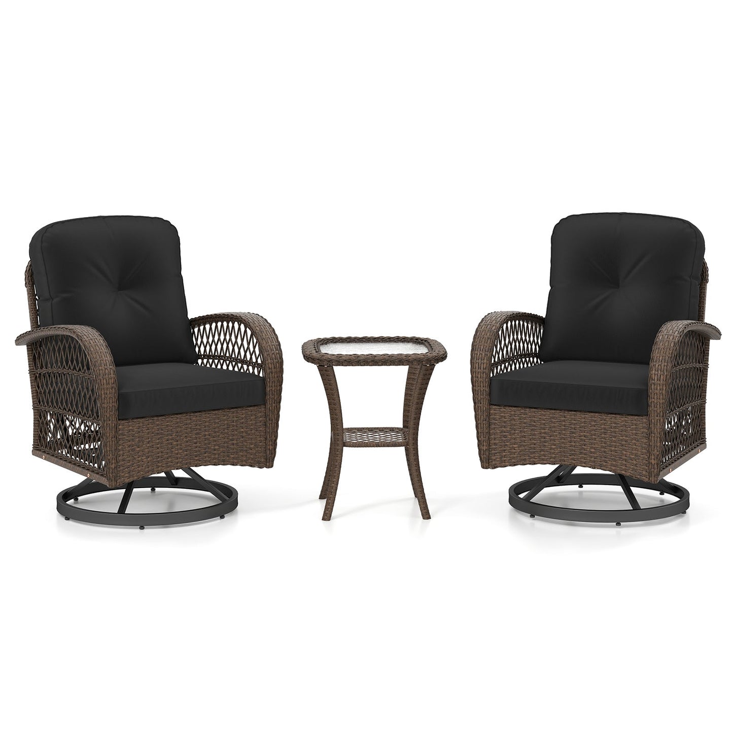 3 Piece Patio Swivel Rocker Set with Tempered Glass Side Table and Thick Cushions