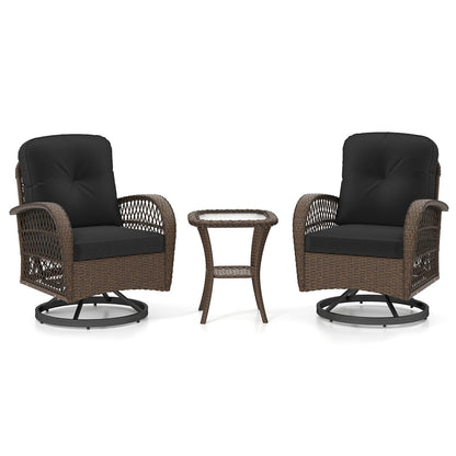 3 Piece Patio Swivel Rocker Set with Tempered Glass Side Table and Thick Cushions