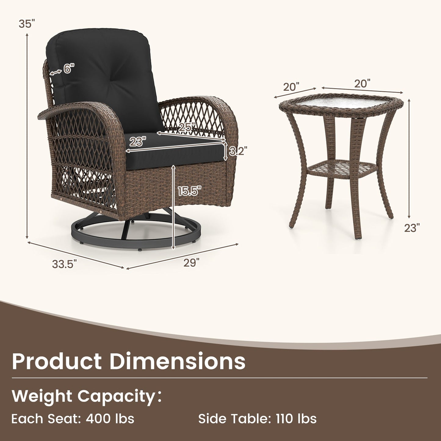 3 Piece Patio Swivel Rocker Set with Tempered Glass Side Table and Thick Cushions