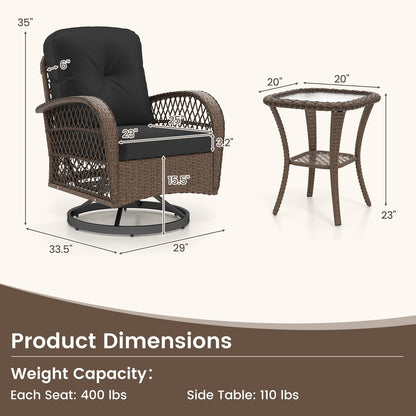 3 Piece Patio Swivel Rocker Set with Tempered Glass Side Table and Thick Cushions