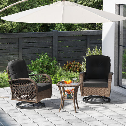 3 Piece Patio Swivel Rocker Set with Tempered Glass Side Table and Thick Cushions