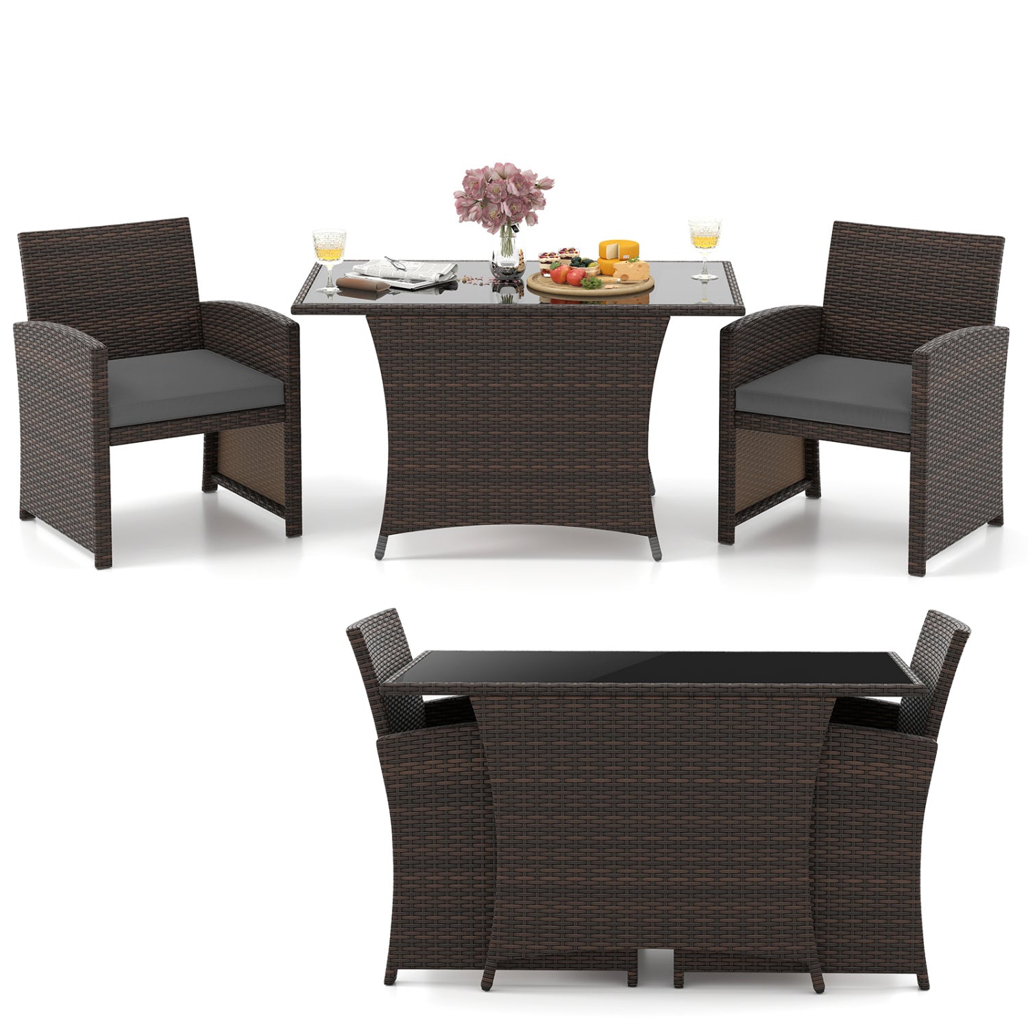 DirectDeals 3-Piece wicker patio dining set with tempered glass table, dark brown rattan chairs on Tampa Home & Garden Store