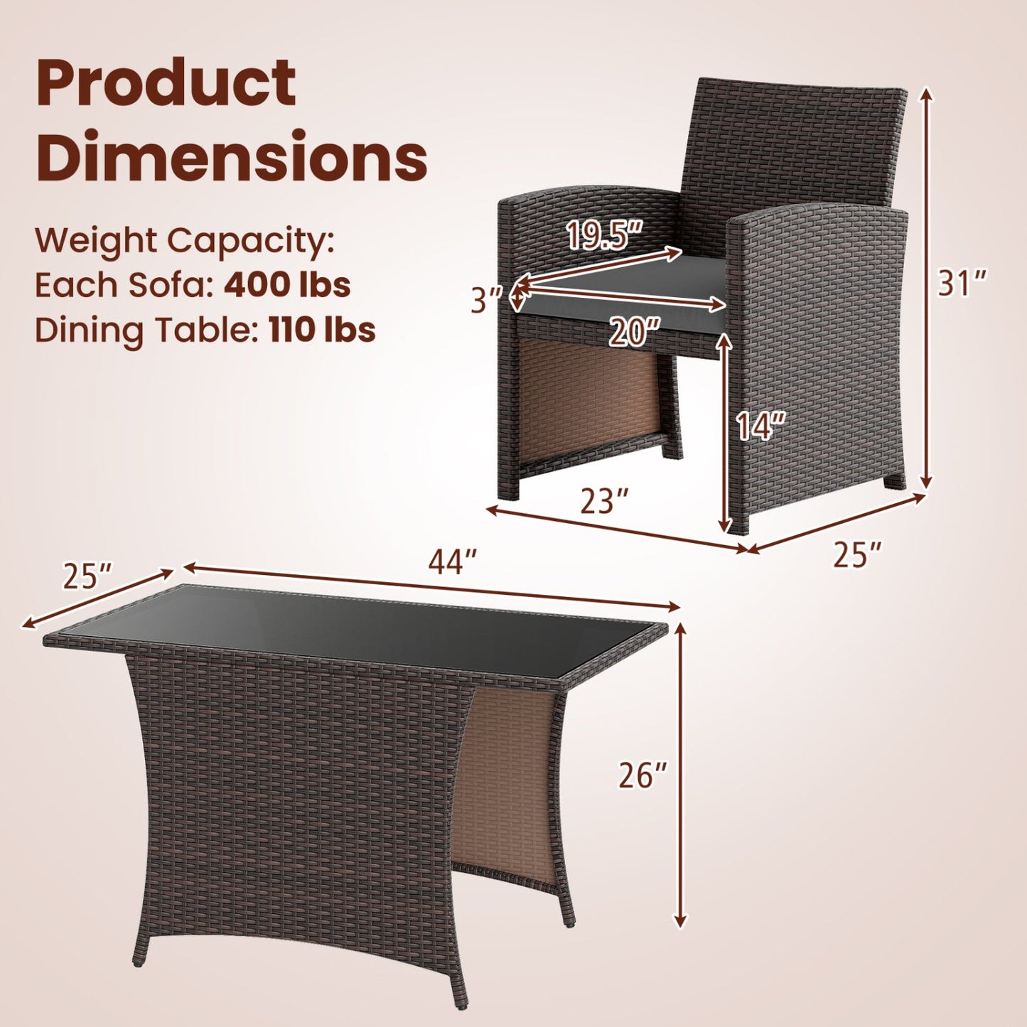 3-Piece Wicker Patio Dining Set with Tempered Glass Table by DirectDeals, brown resin weave on Tampa Home & Garden Store
