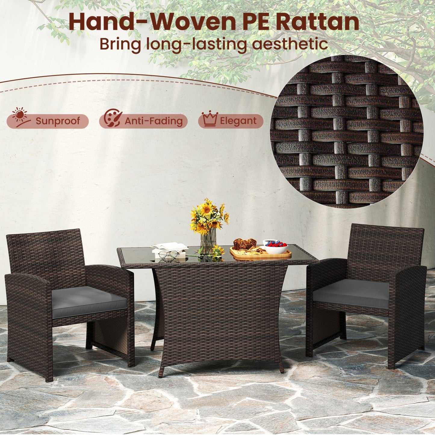 3-Piece wicker patio dining set with tempered glass table, dark brown weave, gray cushions on Tampa Home & Garden Store