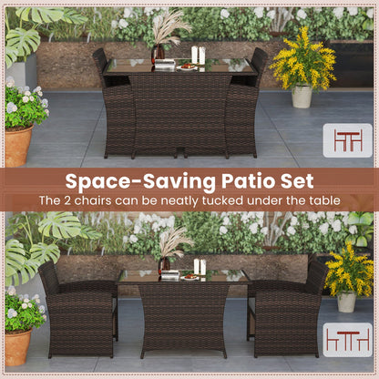 3-Piece Wicker Patio Dining Set with Tempered Glass Table, brown rattan, 2 chairs tucked under on Tampa Home & Garden Store