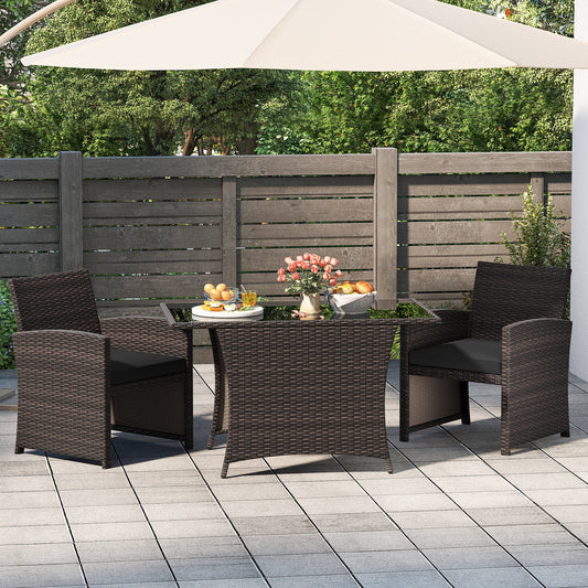 3 Piece Patio Wicker Dining Set with Rectangle Tempered Glass Dining Table-Brown - Tampa Home & Garden Store