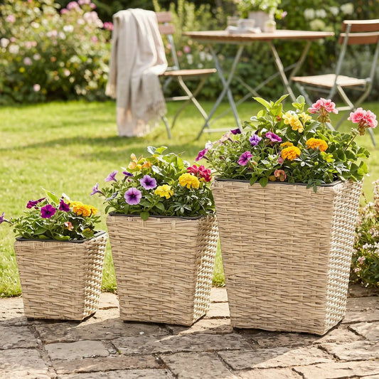 Rattan planter box set, 3-piece with removable liners; beige woven planters with colorful blooms on Tampa Home & Garden Store