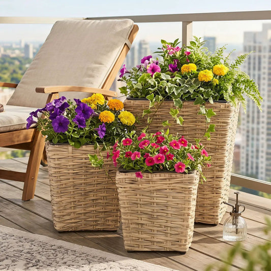 DirectDeals 3pc rattan planter box set with removable liners in beige, colorful blooms on Tampa Home & Garden Store